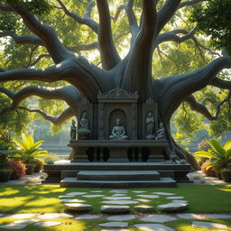 An ancient and serene setting reminiscent of the Mahabharata era, where a Rishi would impart teachings to his disciples under the expansive branches of a majestic tree