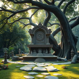 An ancient and serene setting reminiscent of the Mahabharata era, where a Rishi would impart teachings to his disciples under the expansive branches of a majestic tree