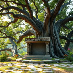 An ancient and serene setting reminiscent of the Mahabharata era, where a Rishi would impart teachings to his disciples under the expansive branches of a majestic tree
