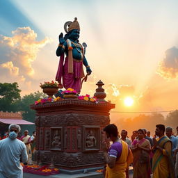 A serene and picturesque scene depicting the Hindu deity Vitthal, also known as Vithoba, standing on a sturdy brick pedestal adorned with intricate carvings