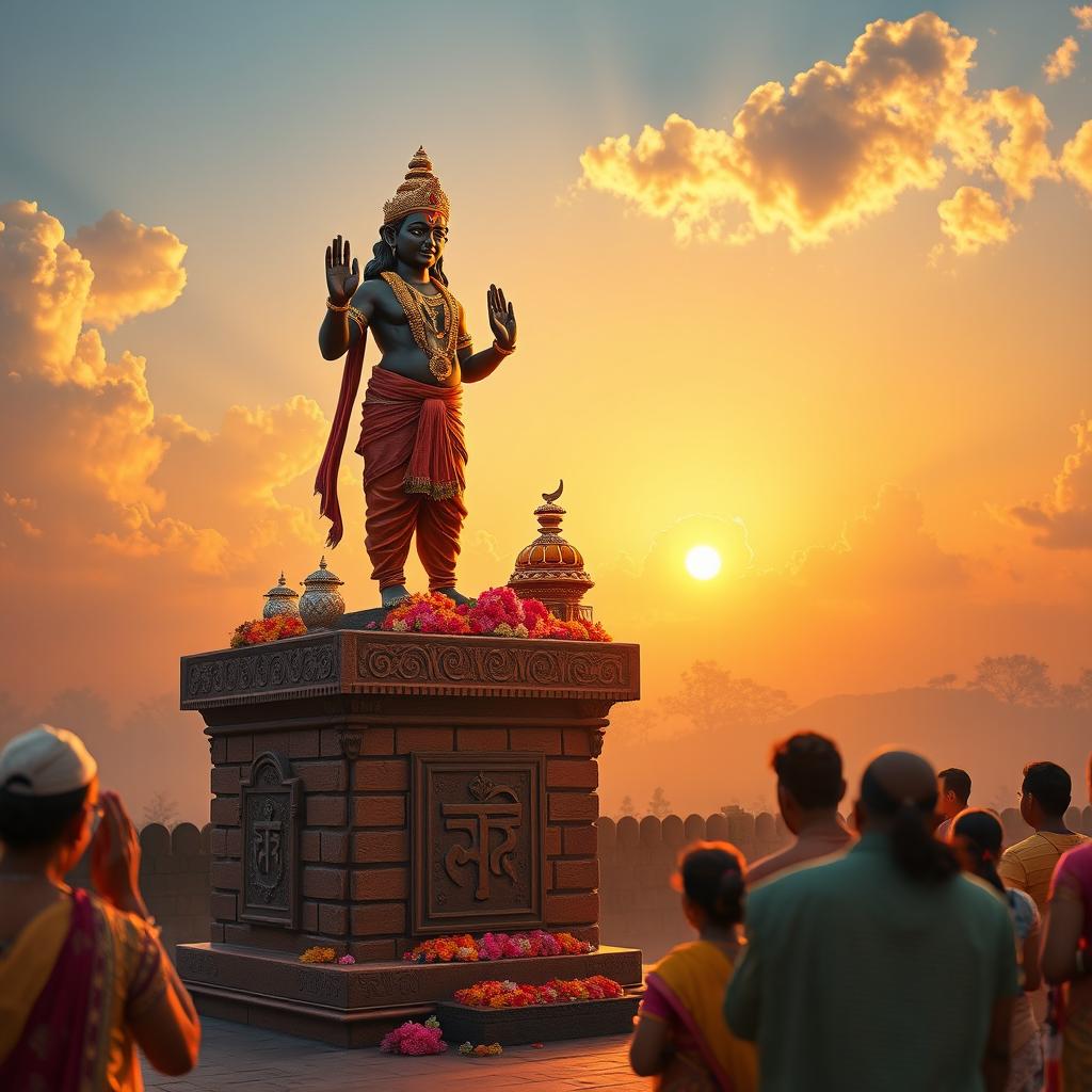 A serene and picturesque scene depicting the Hindu deity Vitthal, also known as Vithoba, standing on a sturdy brick pedestal adorned with intricate carvings