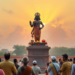 A serene and picturesque scene depicting the Hindu deity Vitthal, also known as Vithoba, standing on a sturdy brick pedestal adorned with intricate carvings