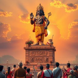 A serene and picturesque scene depicting the Hindu deity Vitthal, also known as Vithoba, standing on a sturdy brick pedestal adorned with intricate carvings