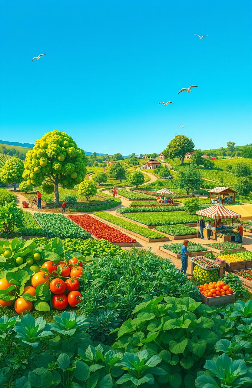 A serene landscape depicting sustainable agriculture practices with thriving crops, a variety of fruit trees, and a diverse range of vegetables growing in organic gardens