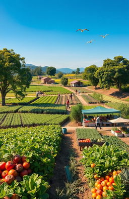A serene landscape depicting sustainable agriculture practices with thriving crops, a variety of fruit trees, and a diverse range of vegetables growing in organic gardens