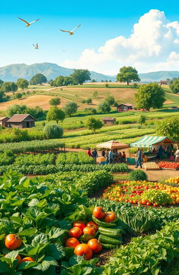 A serene landscape depicting sustainable agriculture practices with thriving crops, a variety of fruit trees, and a diverse range of vegetables growing in organic gardens