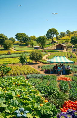 A serene landscape depicting sustainable agriculture practices with thriving crops, a variety of fruit trees, and a diverse range of vegetables growing in organic gardens