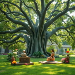 A tranquil and sacred scene depicting an ancient Indian setting where a Rishi (sage) would impart knowledge to their Shishya (disciples) under a large, majestic banyan tree