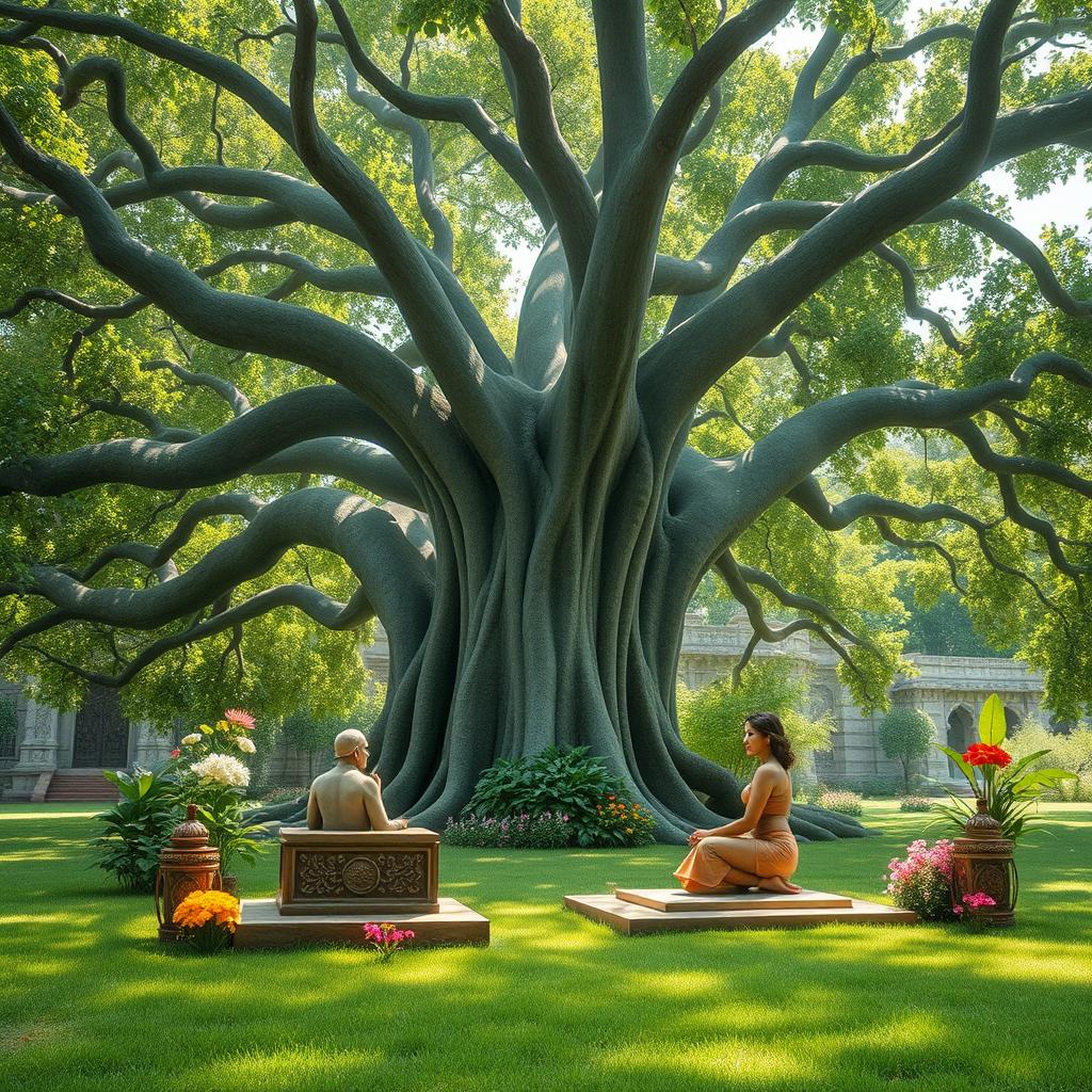 A tranquil and sacred scene depicting an ancient Indian setting where a Rishi (sage) would impart knowledge to their Shishya (disciples) under a large, majestic banyan tree