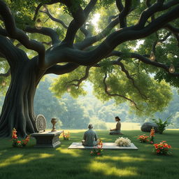 A tranquil and sacred scene depicting an ancient Indian setting where a Rishi (sage) would impart knowledge to their Shishya (disciples) under a large, majestic banyan tree