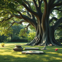 A tranquil and sacred scene depicting an ancient Indian setting where a Rishi (sage) would impart knowledge to their Shishya (disciples) under a large, majestic banyan tree