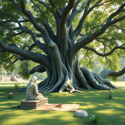 A tranquil and sacred scene depicting an ancient Indian setting where a Rishi (sage) would impart knowledge to their Shishya (disciples) under a large, majestic banyan tree