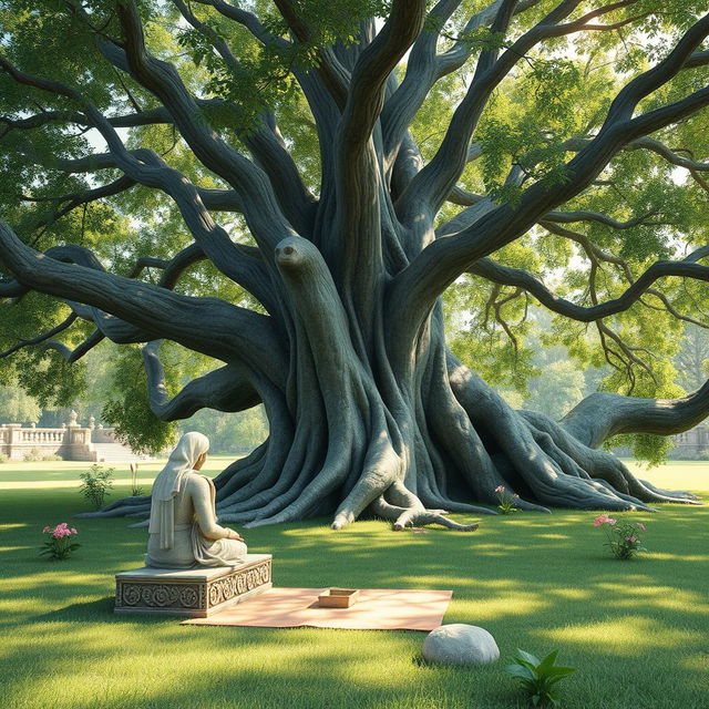 A tranquil and sacred scene depicting an ancient Indian setting where a Rishi (sage) would impart knowledge to their Shishya (disciples) under a large, majestic banyan tree