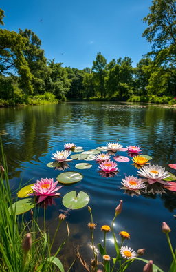 A serene and cozy pond scene surrounded by vibrant blooming water lilies