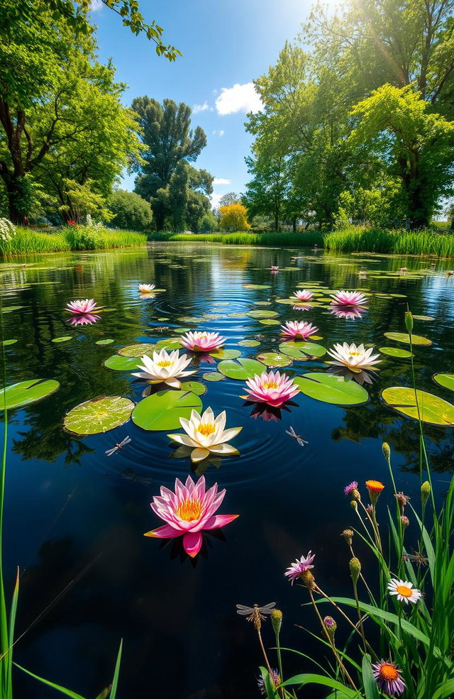 A serene and cozy pond scene surrounded by vibrant blooming water lilies
