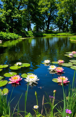 A serene and cozy pond scene surrounded by vibrant blooming water lilies