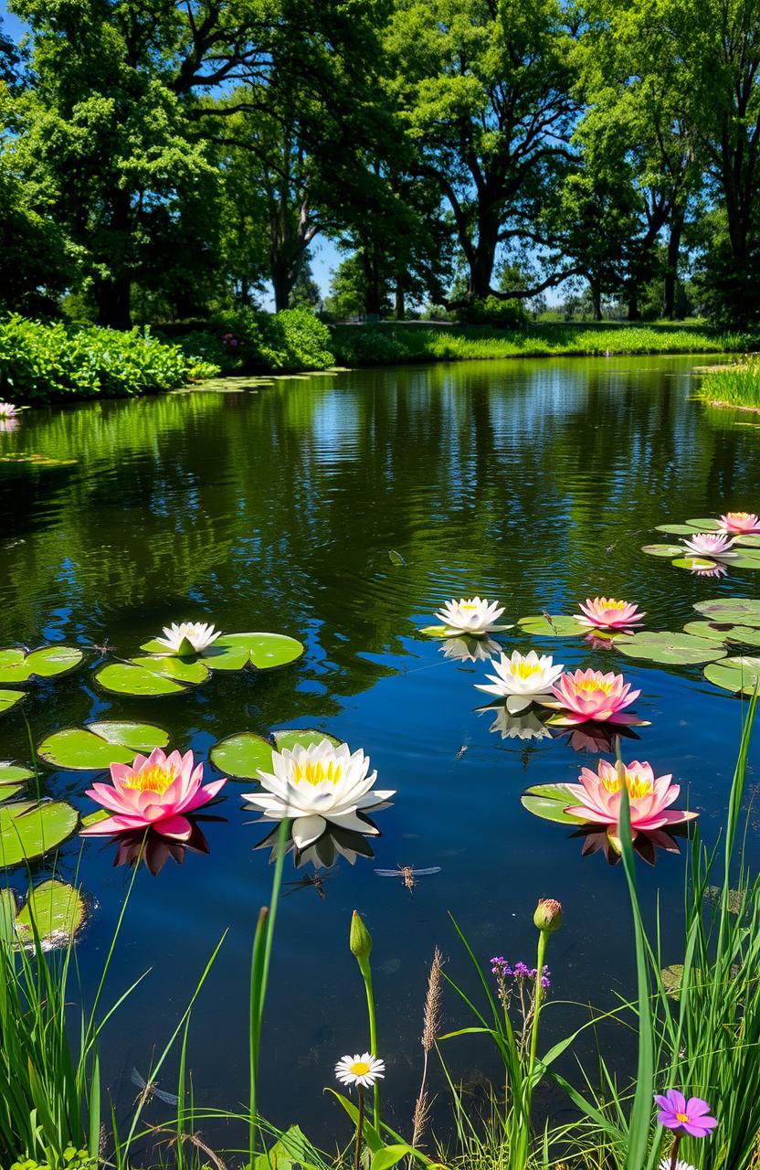 A serene and cozy pond scene surrounded by vibrant blooming water lilies