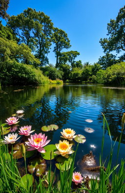 A serene and cozy pond scene surrounded by vibrant blooming water lilies