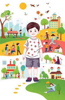 A symbolic representation of a child growing up in society, showcasing stages from childhood to adulthood