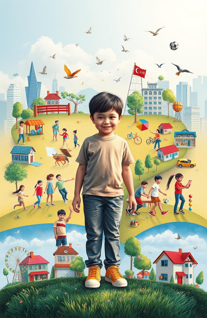 A symbolic representation of a child growing up in society, showcasing stages from childhood to adulthood