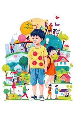 A symbolic representation of a child growing up in society, showcasing stages from childhood to adulthood