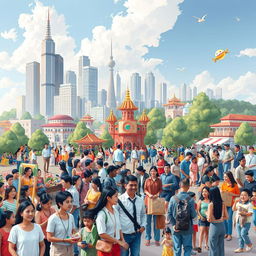 A vibrant and dynamic representation of society, showcasing diverse groups of people engaged in various activities