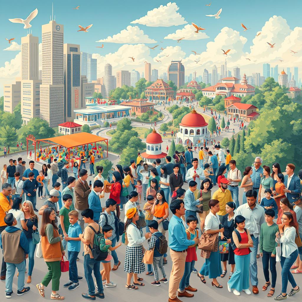 A vibrant and dynamic representation of society, showcasing diverse groups of people engaged in various activities