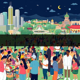 A vibrant and dynamic representation of society, showcasing diverse groups of people engaged in various activities
