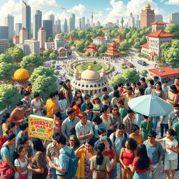 A vibrant and dynamic representation of society, showcasing diverse groups of people engaged in various activities