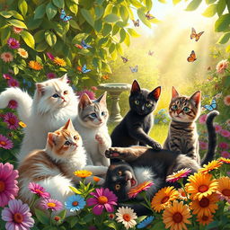 A whimsical and charming scene featuring a variety of cats playing together in a sunlit garden