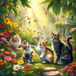 A whimsical and charming scene featuring a variety of cats playing together in a sunlit garden