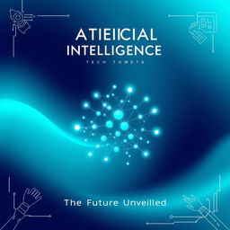 An artistic cover page for an AI-themed publication, featuring sleek, futuristic design elements