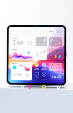 A modern digital interface showcasing various design paradigms, featuring clean lines, user-friendly navigation, vibrant colors, and interactive elements