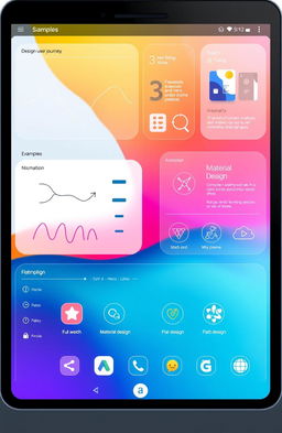 A modern digital interface showcasing various design paradigms, featuring clean lines, user-friendly navigation, vibrant colors, and interactive elements