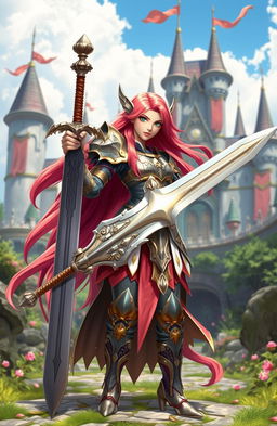 A stunning fantasy girl standing boldly with a great sword, dressed in intricately designed armor that gleams under the sunlight