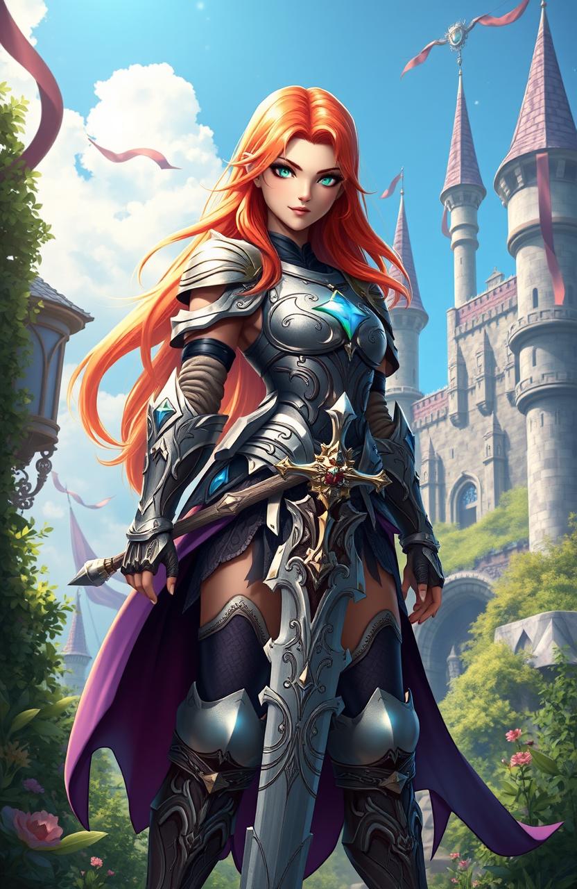 A stunning fantasy girl standing boldly with a great sword, dressed in intricately designed armor that gleams under the sunlight