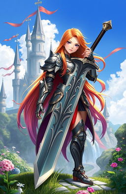 A stunning fantasy girl standing boldly with a great sword, dressed in intricately designed armor that gleams under the sunlight