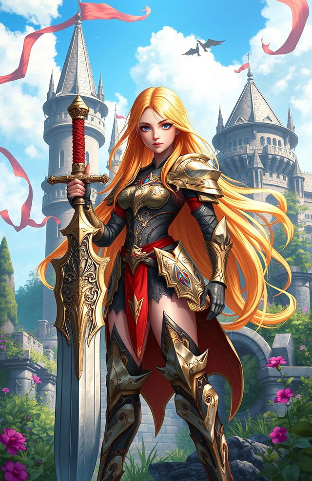 A stunning fantasy girl standing boldly with a great sword, dressed in intricately designed armor that gleams under the sunlight