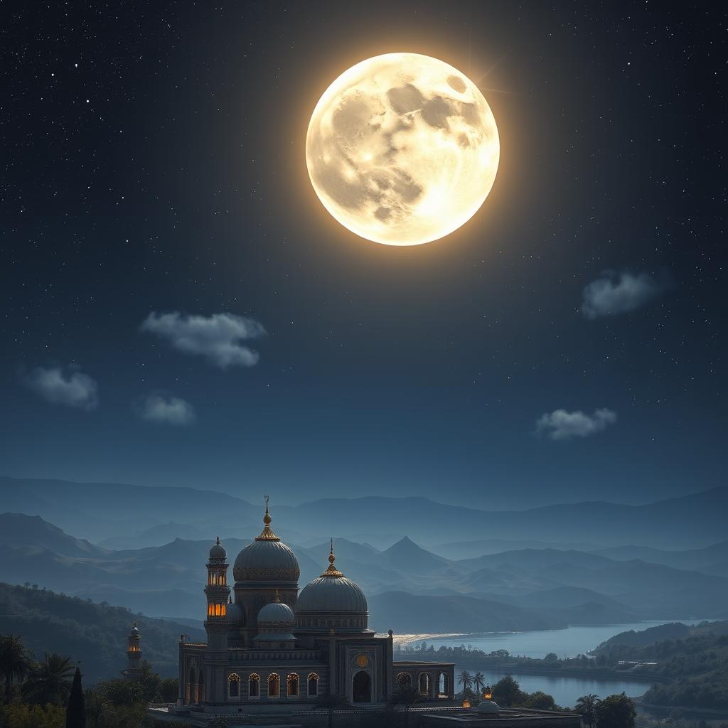 An ethereal scene representing the Night of Decree (Laylat al-Qadr), with a starry night sky illuminated by a magnificent full moon casting a silver glow