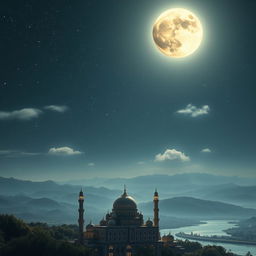 An ethereal scene representing the Night of Decree (Laylat al-Qadr), with a starry night sky illuminated by a magnificent full moon casting a silver glow