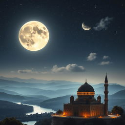 An ethereal scene representing the Night of Decree (Laylat al-Qadr), with a starry night sky illuminated by a magnificent full moon casting a silver glow