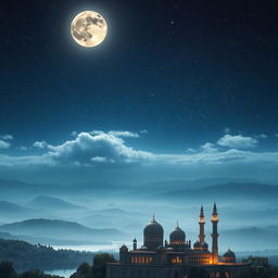 An ethereal scene representing the Night of Decree (Laylat al-Qadr), with a starry night sky illuminated by a magnificent full moon casting a silver glow