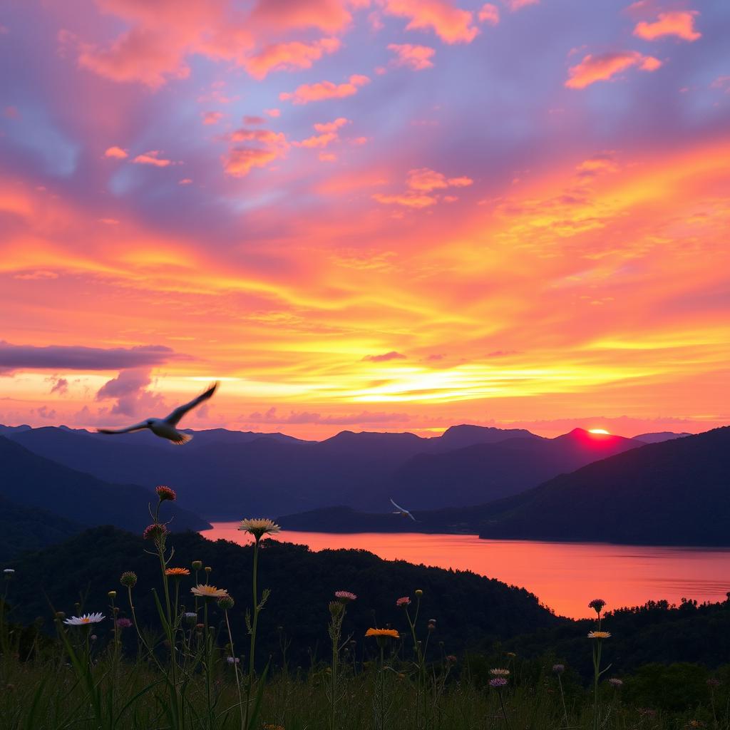 A stunning landscape featuring a vibrant sunset over a tranquil lake, surrounded by lush green mountains