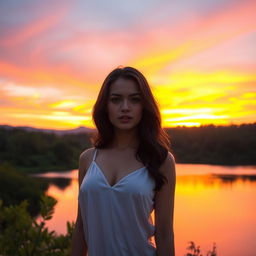 A vibrant sunset scene with warm hues of oranges and pinks in the sky, casting a soft glow over a tranquil landscape