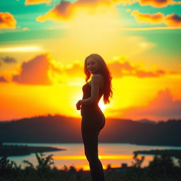 A vibrant sunset scene with warm hues of oranges and pinks in the sky, casting a soft glow over a tranquil landscape