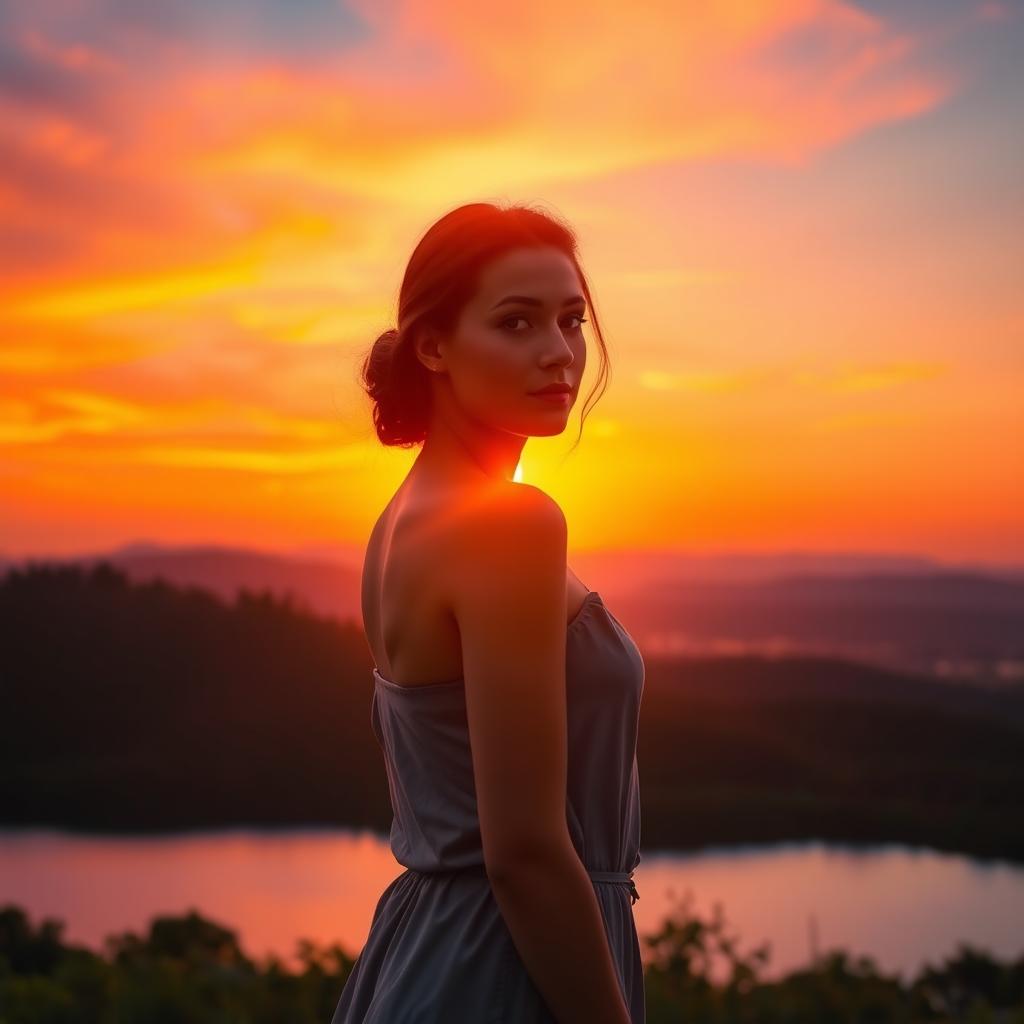 A vibrant sunset scene with warm hues of oranges and pinks in the sky, casting a soft glow over a tranquil landscape