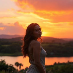 A vibrant sunset scene with warm hues of oranges and pinks in the sky, casting a soft glow over a tranquil landscape