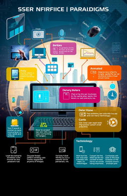 A visually striking illustration depicting a range of user interface paradigms in technology, showing elements like touchscreens, voice commands, augmented reality, and traditional keyboard and mouse setups