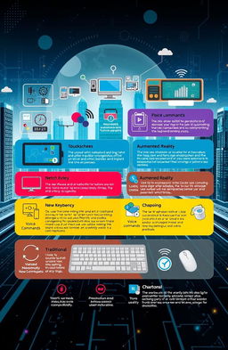 A visually striking illustration depicting a range of user interface paradigms in technology, showing elements like touchscreens, voice commands, augmented reality, and traditional keyboard and mouse setups