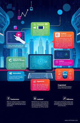 A visually striking illustration depicting a range of user interface paradigms in technology, showing elements like touchscreens, voice commands, augmented reality, and traditional keyboard and mouse setups